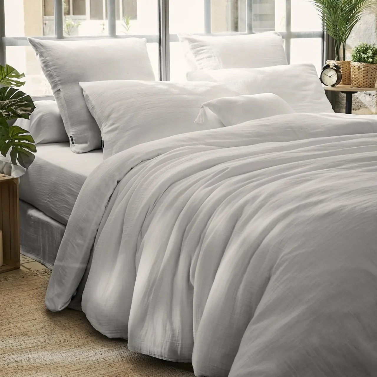 Housse De Couette|EMINZA Housse de couette gaze de coton (280 x 240 cm) Gaïa Gris nuage Gris clair