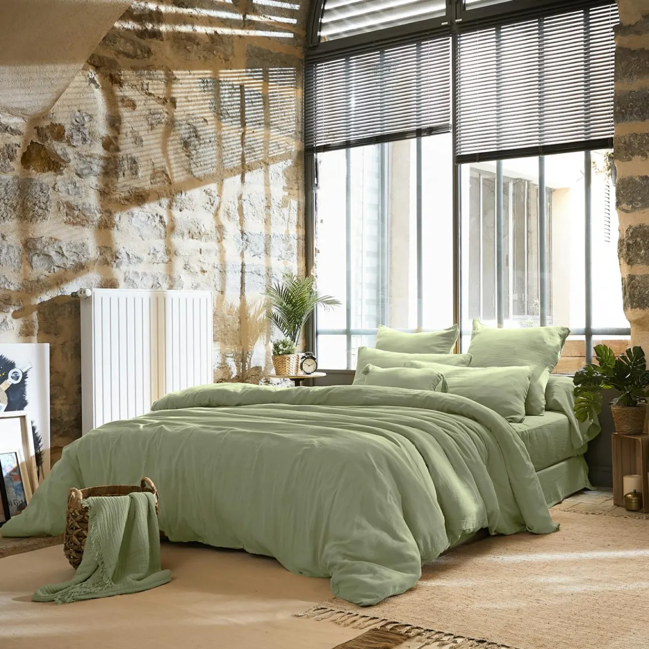 Housse De Couette|EMINZA Housse de couette gaze de coton (260 x 240 cm) Gaïa Vert tilleul