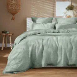 Housse De Couette|EMINZA Housse de couette lin lavé (240 x 220 cm) Louise Vert Eucalyptus