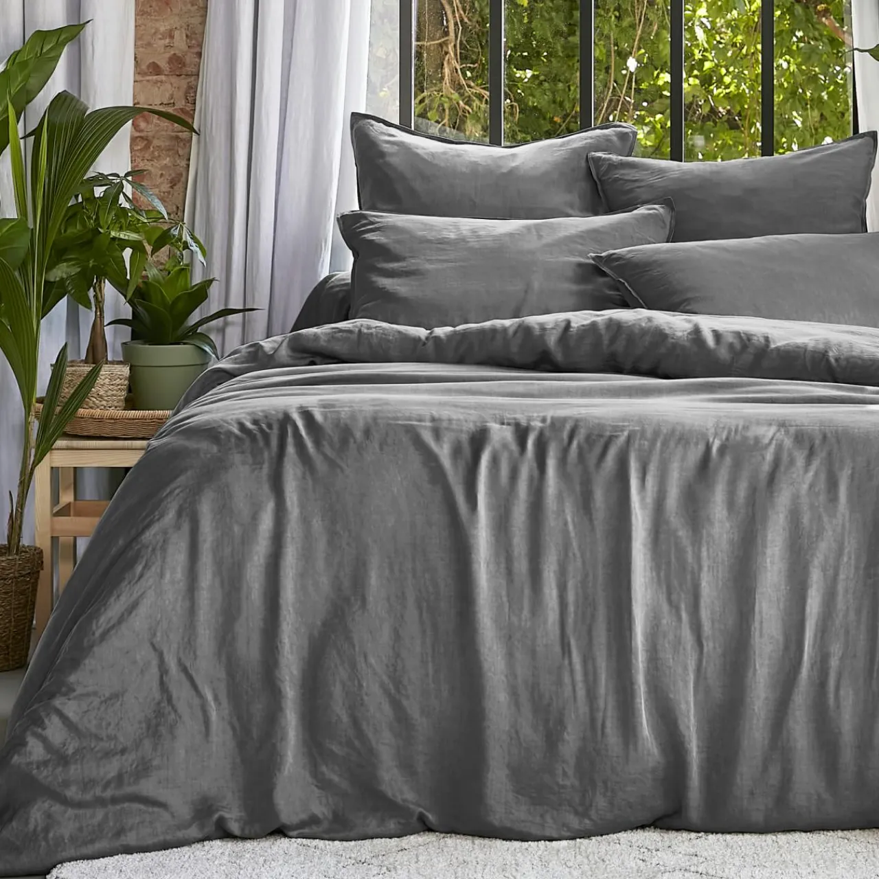 Parure De Lit|Housse De Couette|EMINZA Housse de couette lyocell Tencel™ lavé (240 x 220 cm) Olivia granit Gris