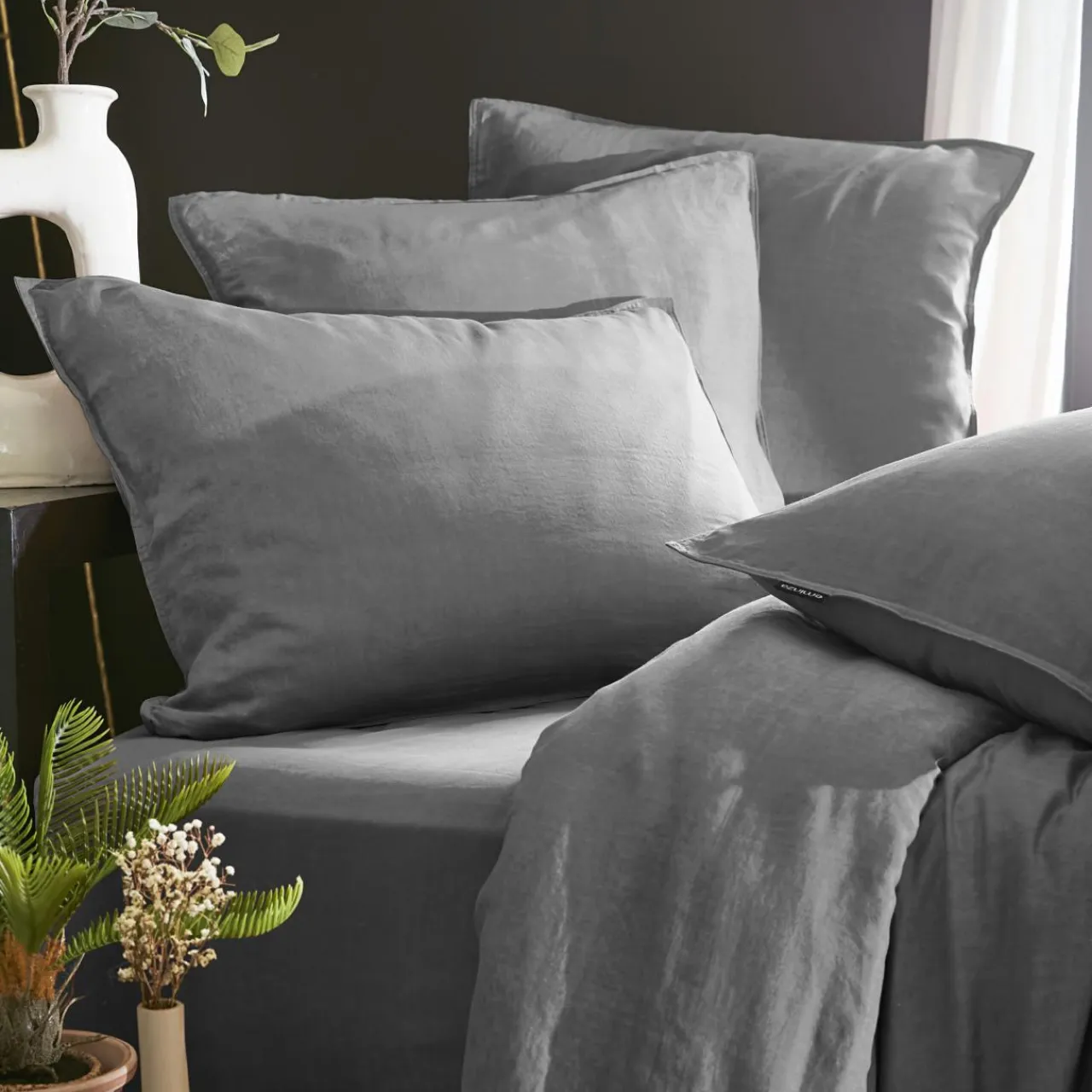 Parure De Lit|Housse De Couette|EMINZA Housse de couette lyocell Tencel™ lavé (240 x 220 cm) Olivia granit Gris
