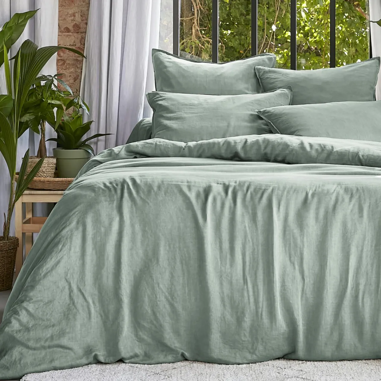 Parure De Lit|Housse De Couette|EMINZA Housse de couette lyocell Tencel™ lavé (260 x 240 cm) Olivia Vert Eucalyptus