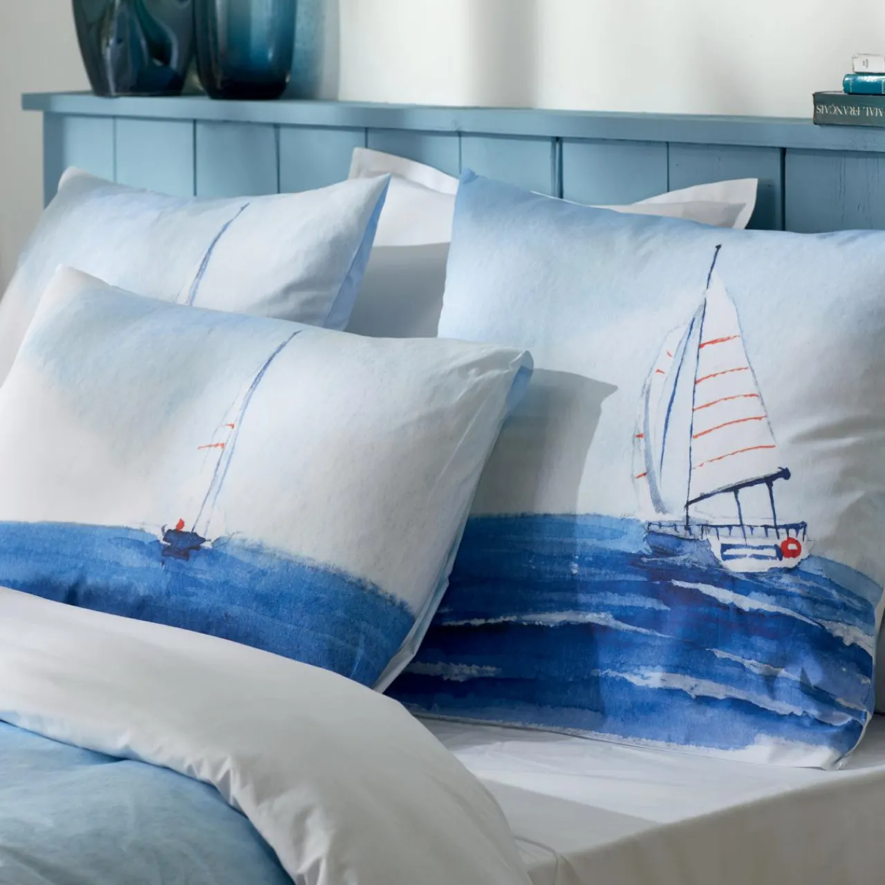Housse De Couette|TRADI LINGE Housse de couette percale de coton (300 x 240 cm) Regate e Bleu