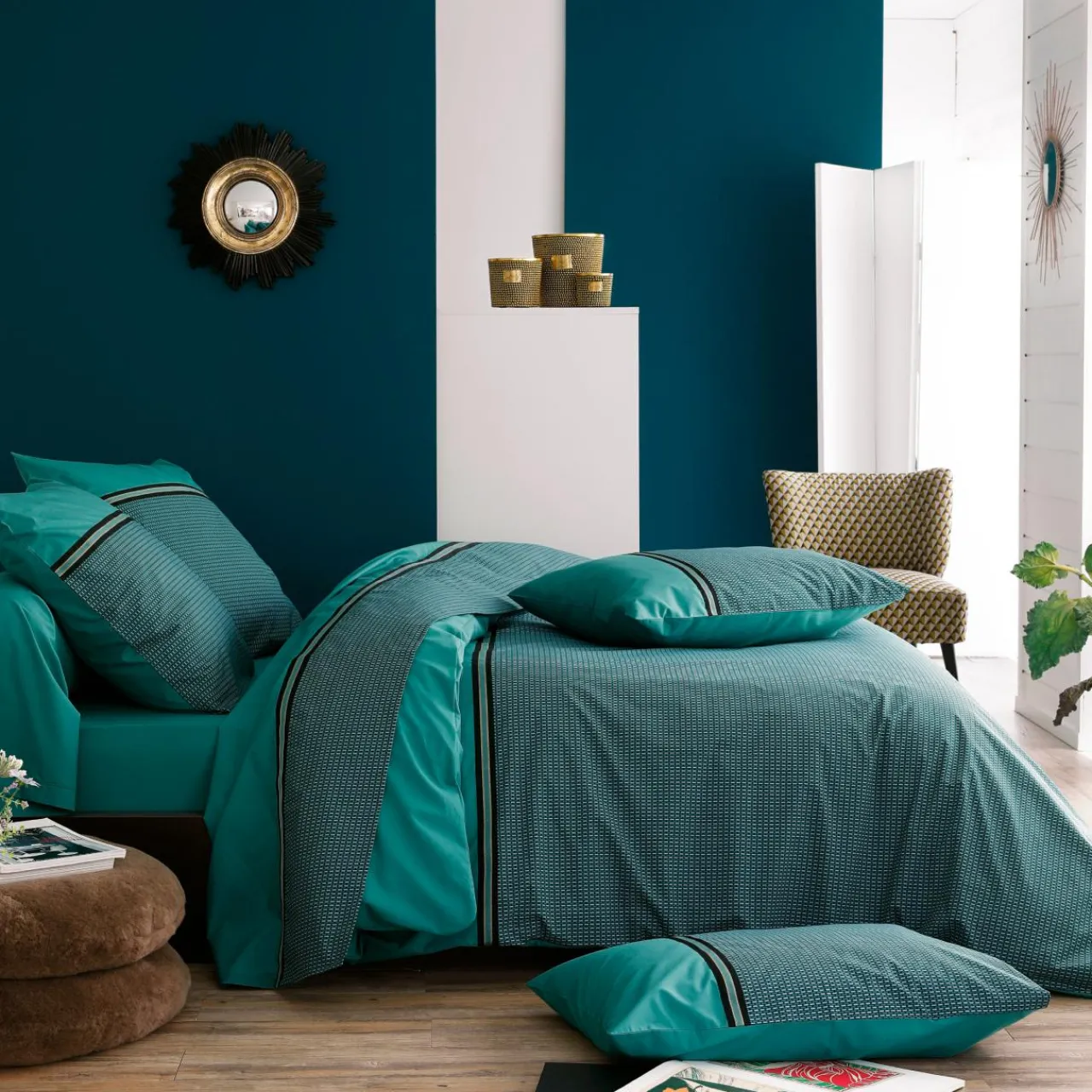 Housse De Couette|TRADI LINGE Housse de couette percale de coton (240 x 220 cm) Gustav émeraude Vert