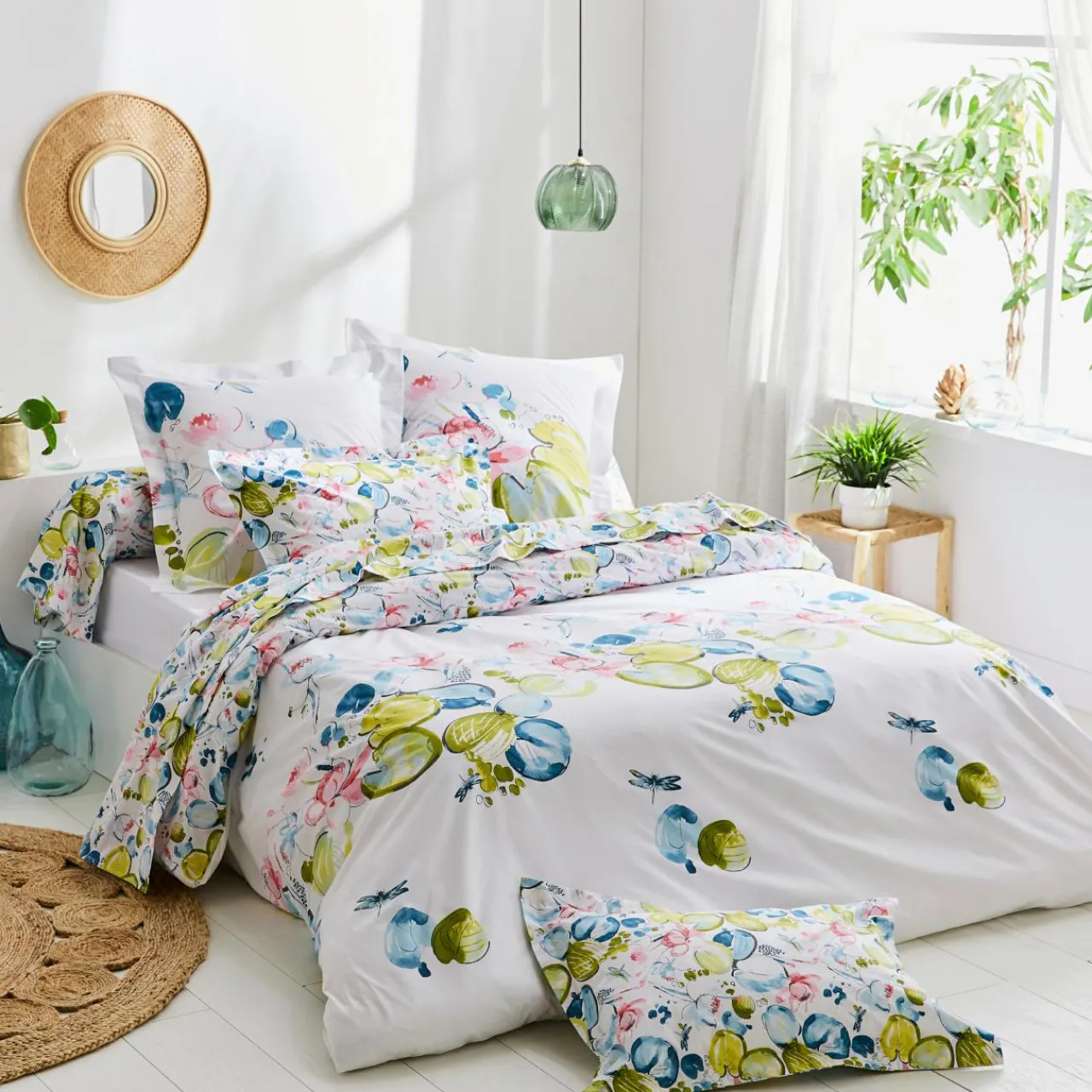 Housse De Couette|TRADILINGE Housse de couette percale de coton (260 x 240 cm) Nénuphar Aqua Multicolore