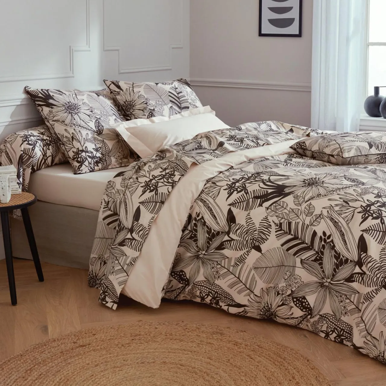 Housse De Couette|TRADILINGE Housse de couette percale de coton (280 x 240 cm) Alba e Noir