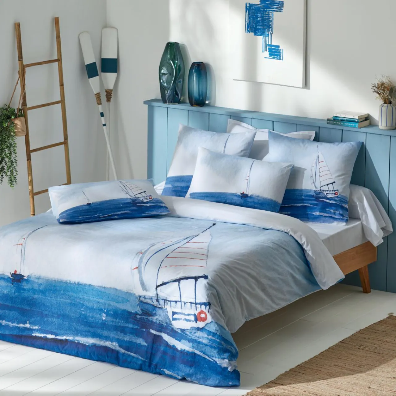 Housse De Couette|TRADI LINGE Housse de couette percale de coton (140 x 200 cm) Regate e Bleu