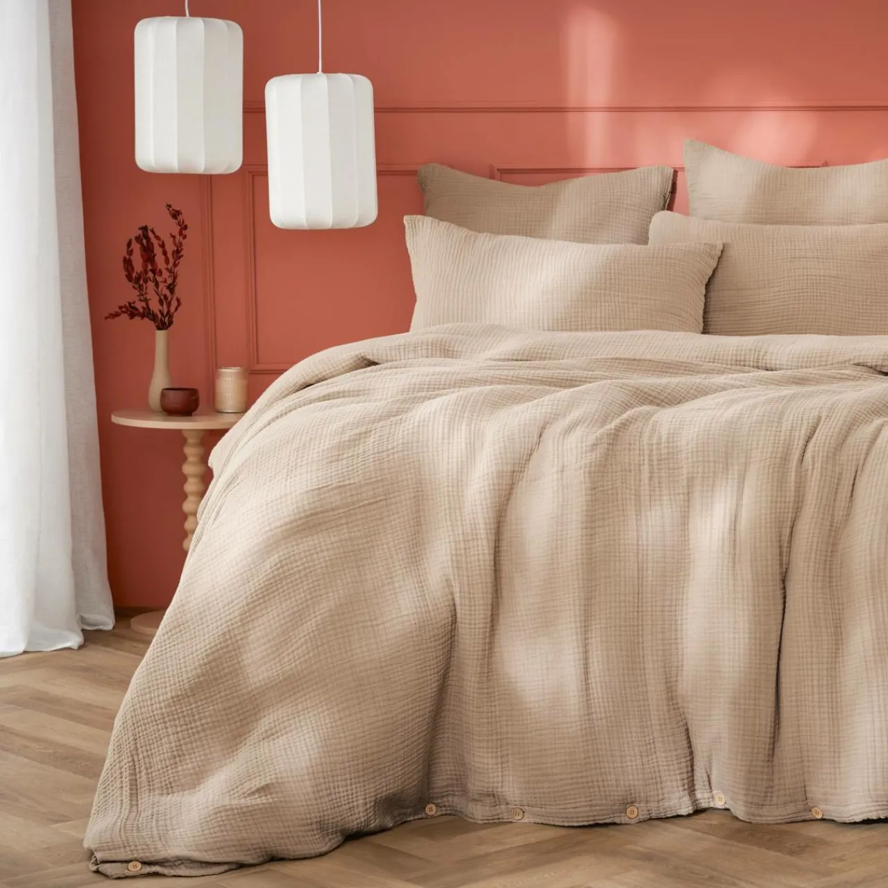 Housse De Couette|EMINZA Housse de couette quadruple gaze de coton (240 x 220 cm) Victoria x Gaïa Ficelle