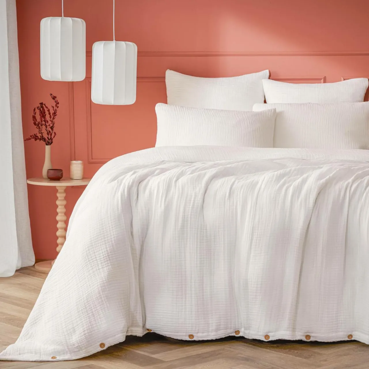 Housse De Couette|EMINZA Housse de couette quadruple gaze de coton (260 x 240 cm) Victoria x Gaïa chantilly Blanc