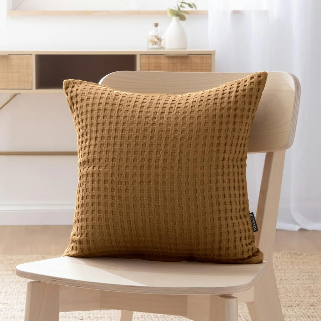 Coussin Et Housse|EMINZA Housse de coussin carrée coton nid d'abeille (40 x 40 cm) Maya Camel