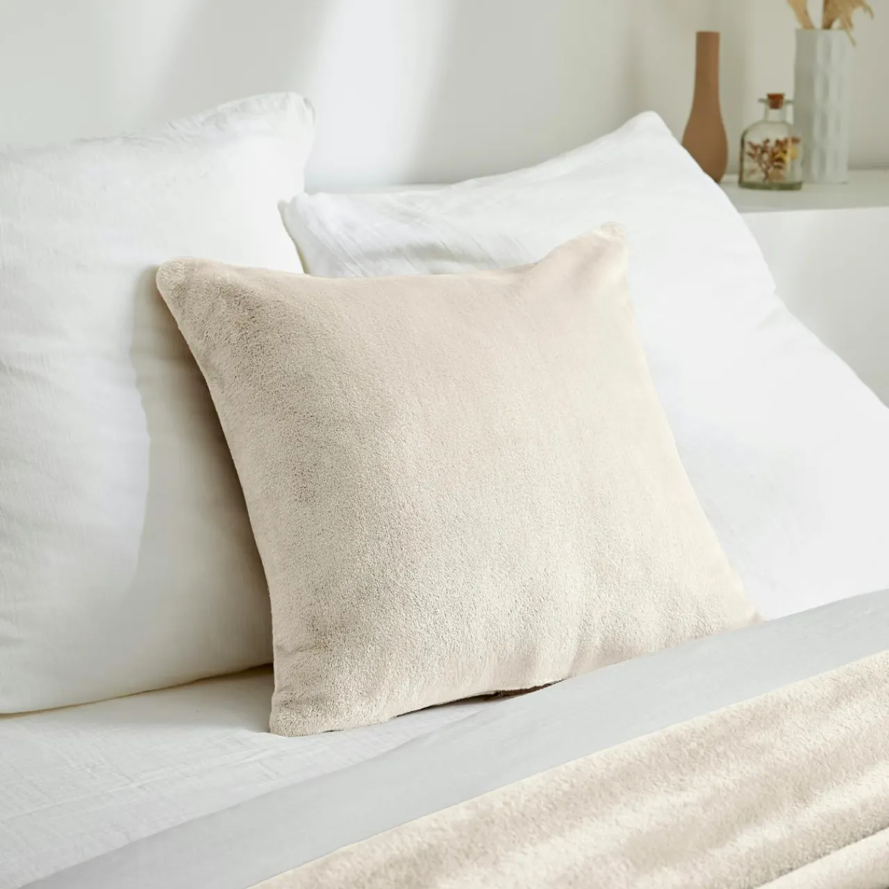 Coussin Et Housse|EMINZA Housse de coussin carrée flanelle (45 x 45 cm) Didou grège Beige