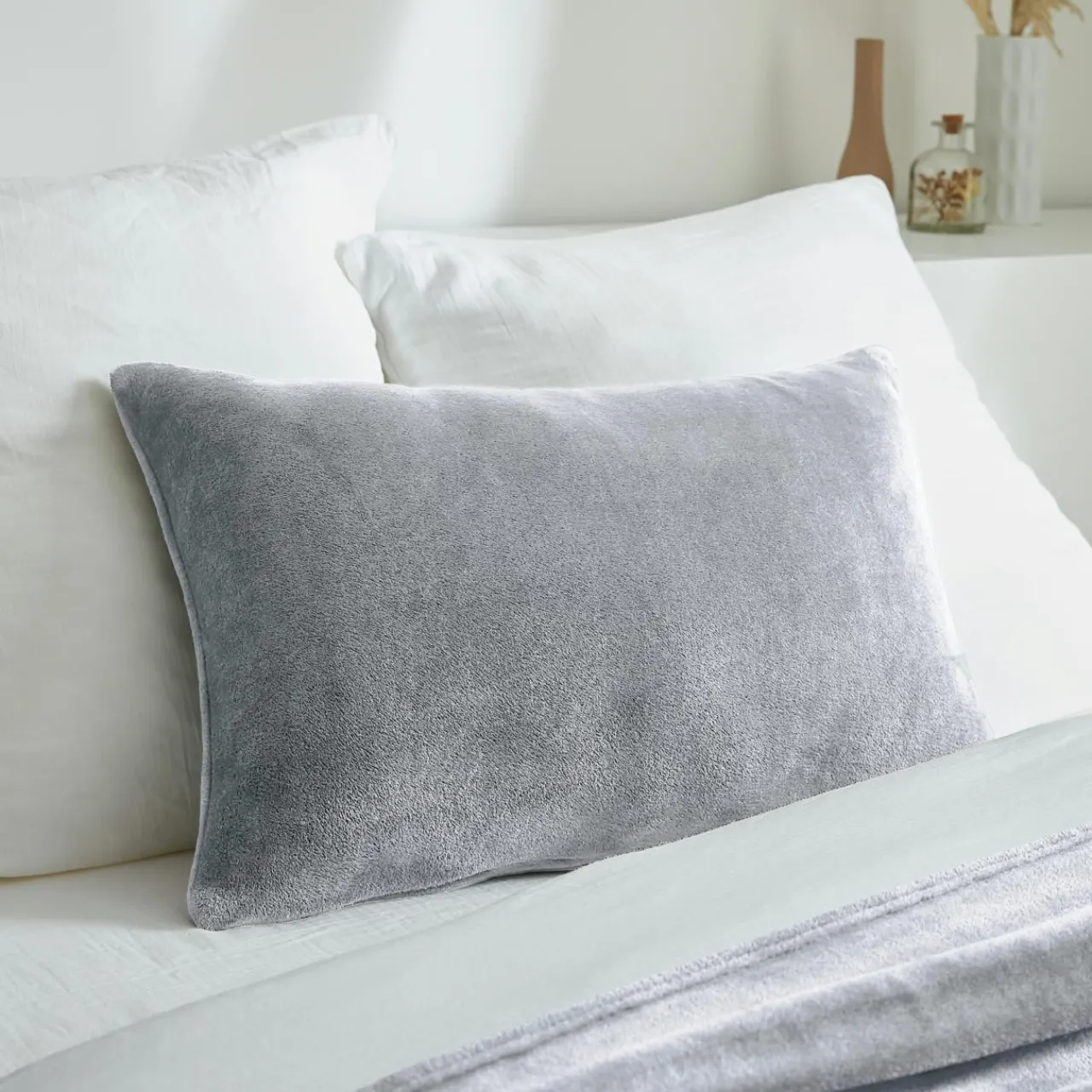 Coussin Et Housse|EMINZA Housse de coussin rectangulaire flanelle (40 x 60 cm) Didou Gris clair
