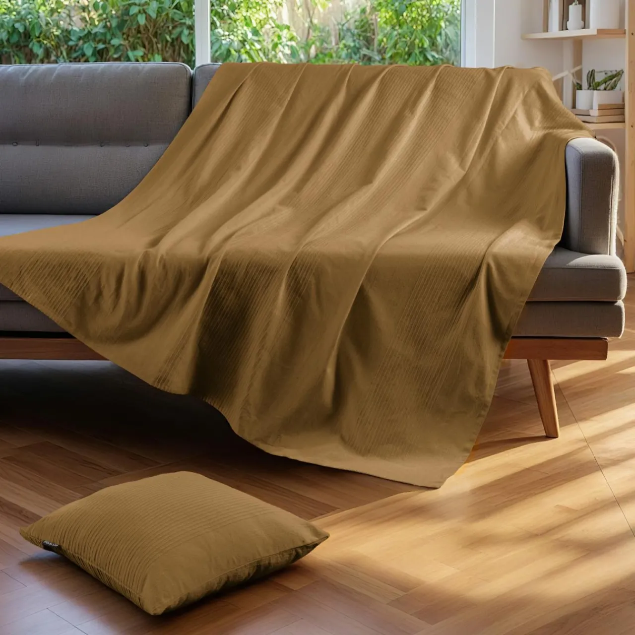 Plaid Et Jeté|Couvre-Lit Et Édredon|EMINZA Jeté de lit coton tissé (130 x 160 cm) Léa Camel