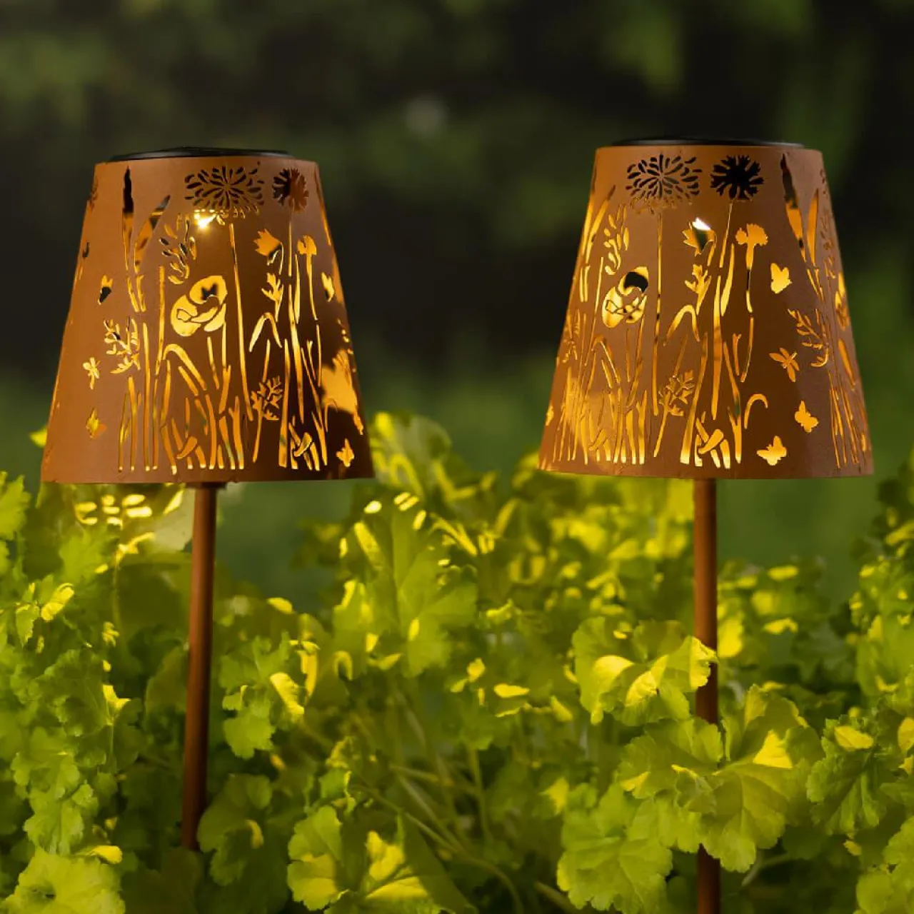 Luminaire Jardin|Eclairage Extérieur|#N/A Lot de 2 bornes de jardin solaire LED (H58 cm) Floral Brun rustique Marron