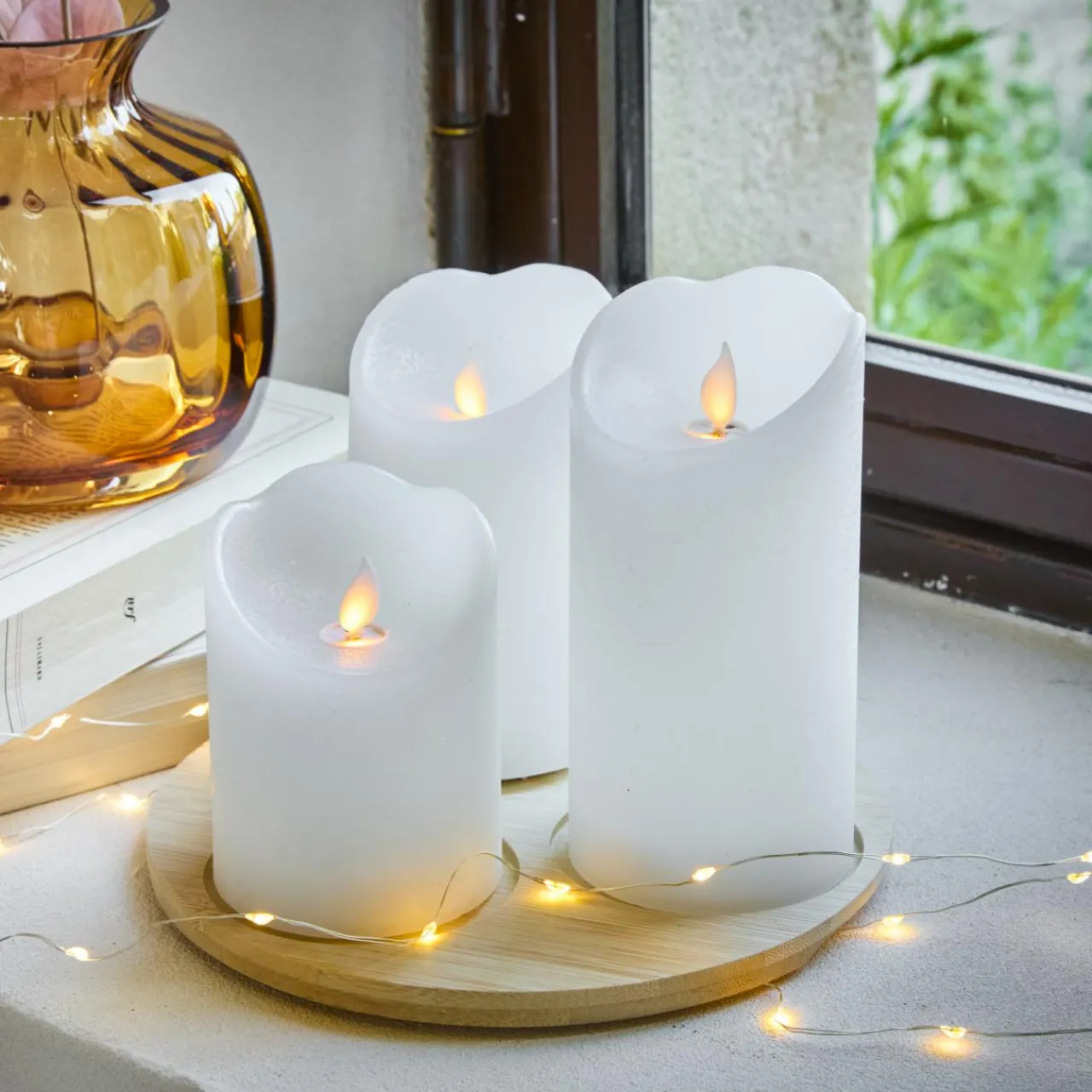 Bougie Et Photophore|KAEMINGK Lot de 3 bougies LED vacillantes (D7,5 cm) Cire naturelle Blanc