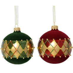 Boule De Noël|KAEMINGK Lot de 6 boules de Noël en verre (D80 mm) Carreaux de velours Bordeaux et vert sapin Rouge