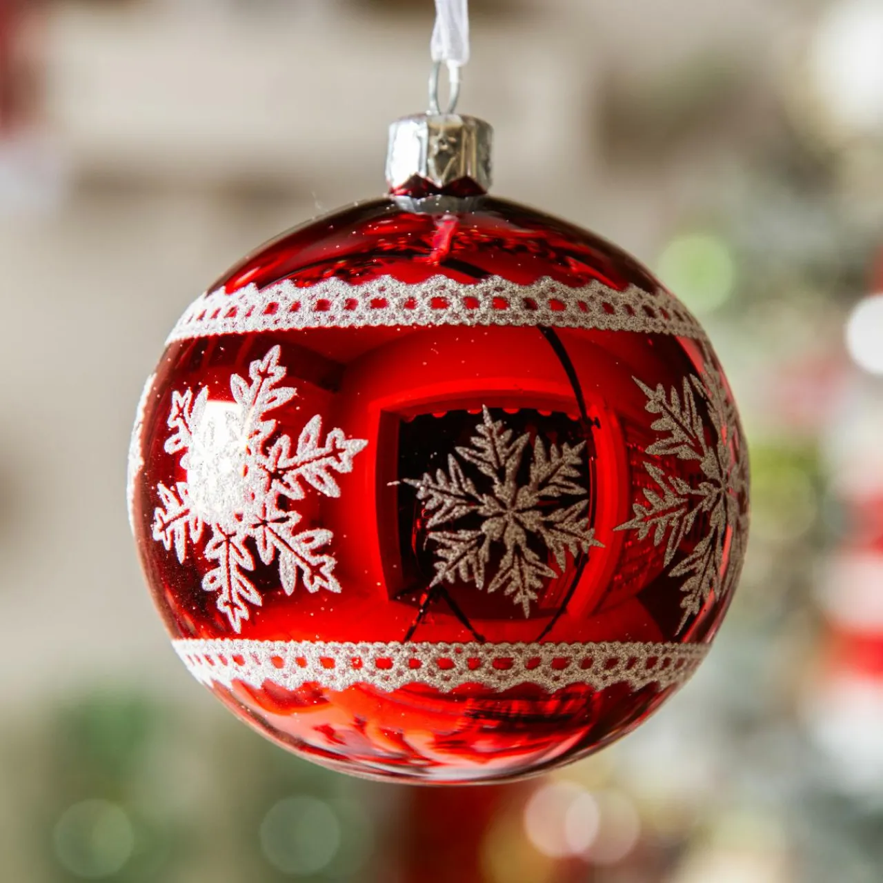 Boule De Noël|KAEMINGK Lot de 6 boules de Noël en verre (D80 mm) Flocons d'hiver Rouge