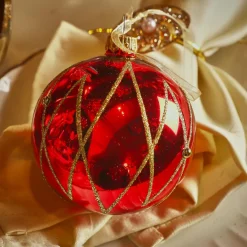 Boule De Noël|KAEMINGK Lot de 6 boules de Noël en verre (D80 mm) Prestige pailleté or Rouge