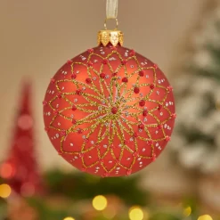 Boule De Noël|KAEMINGK Lot de 6 boules de Noël en verre (D80 mm) Fleurs pailletées Rouge