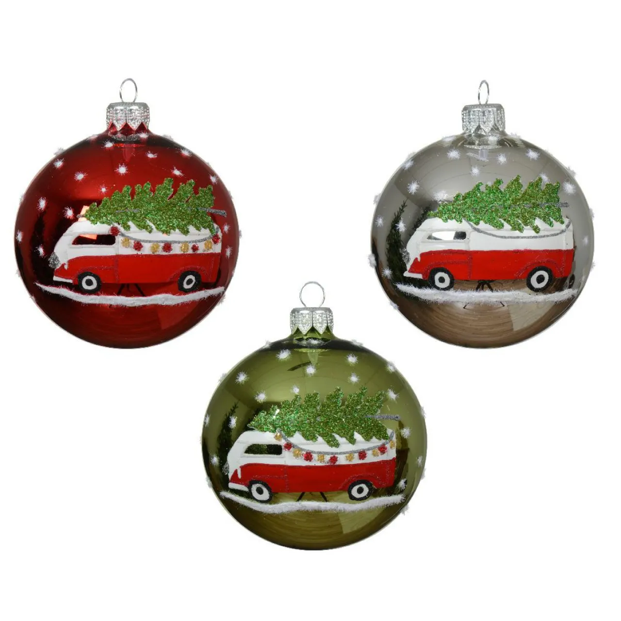 Boule De Noël|KAEMINGK Lot de 6 boules de Noël en verre (D80 mm) Mini bus et Sapins Multicolore