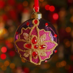 Boule De Noël|KAEMINGK Lot de 3 Boules de Noël en verre (D80 mm) Dahlia Rouge