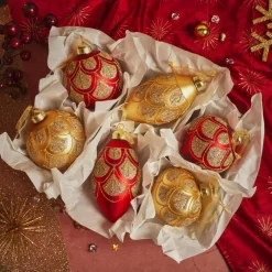 Boule De Noël|KAEMINGK Lot de 12 boules de Noël en verre (D80 mm) Baroque et or Rouge