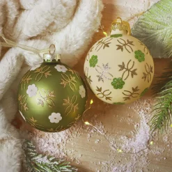 Boule De Noël|KAEMINGK Lot de 12 boules de Noël en verre (D80 mm) Fleurs Nature et blanc Vert matcha
