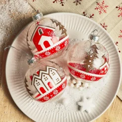 Boule De Noël|KAEMINGK Lot de 12 boules de Noël en verre (D80 mm) Villages enneigés et blanc Rouge