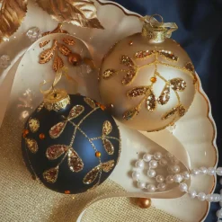 Boule De Noël|KAEMINGK Lot de 12 boules de Noël en verre (D80 mm) Feuilles d', bleu nuit et perle Or