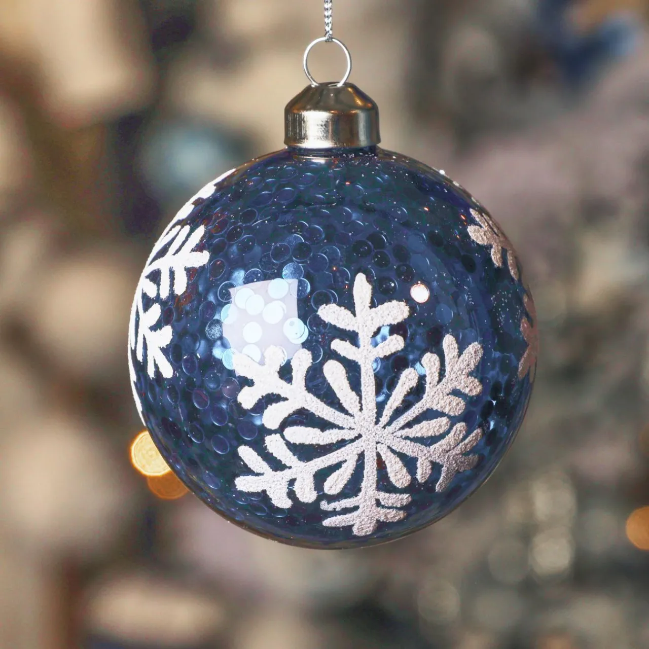 Boule De Noël|KAEMINGK Lot de 3 boules de Noël en verre (D80 mm) Flocons et sequins Bleu nuit