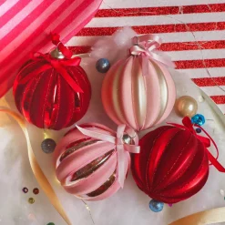 Boule De Noël|KAEMINGK Lot de 12 boules de Noël en verre (D80 mm) Velours et noeud et rose Rouge