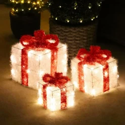 Déco Et Objet De Noël|Déco Et Objet Lumineux|EMINZA Lot de 3 cadeaux lumineux à piles 65 LED (H30 cm) Ruban Rouge et Blanc chaud