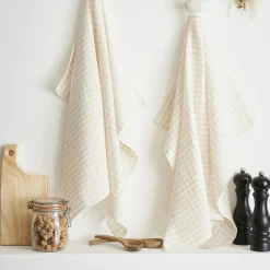 Accessoire Cuisine|EMINZA Lot de 2 essuie-main gaze de coton (50 x 70 cm) Gaïa vichy Beige