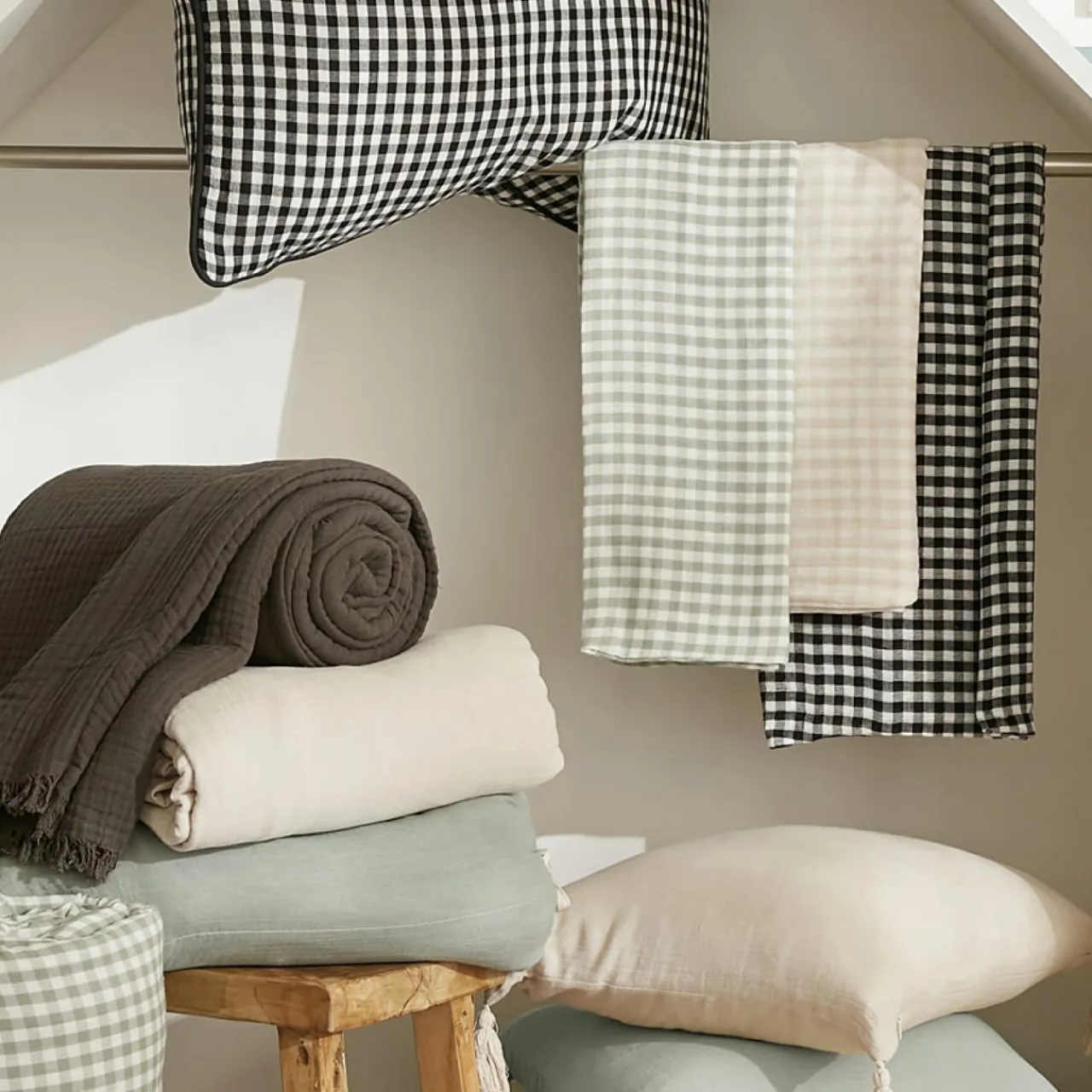 Accessoire Cuisine|EMINZA Lot de 2 essuie-main gaze de coton (50 x 70 cm) Gaïa vichy Beige