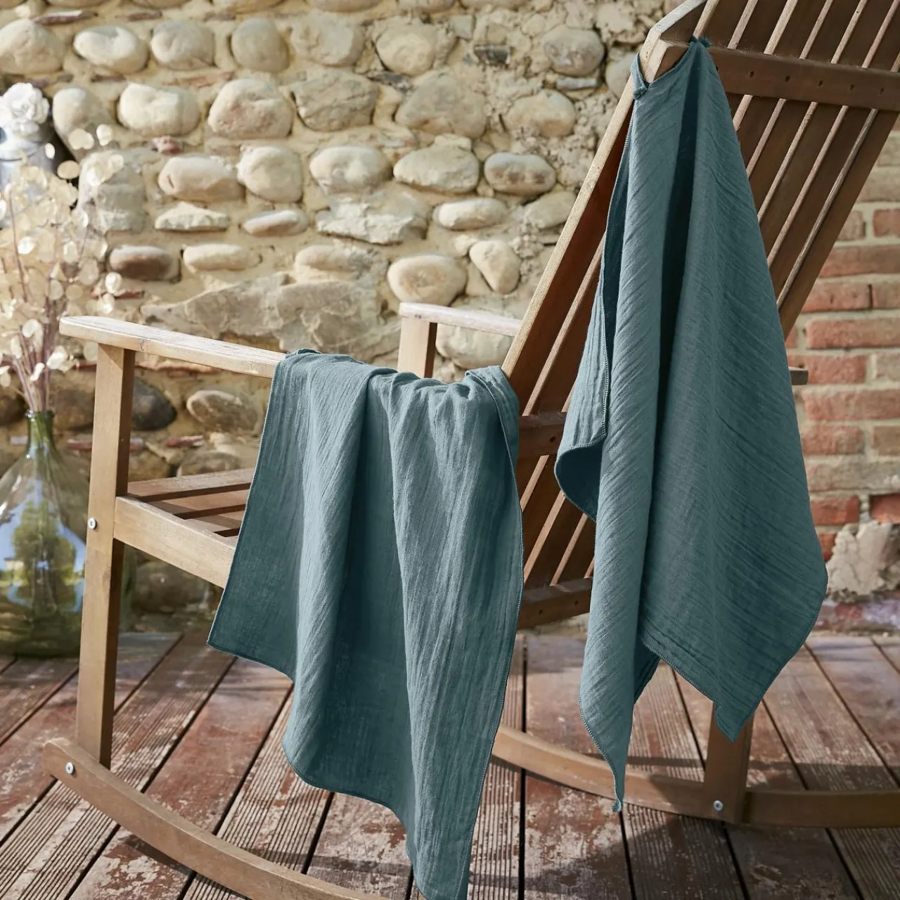 Accessoire Cuisine|EMINZA Lot de 2 essuie-mains gaze de coton (70 cm) Gaïa Bleu canard