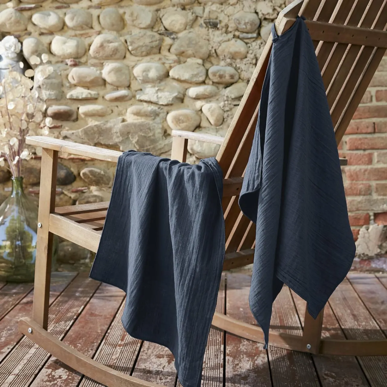 Accessoire Cuisine|EMINZA Lot de 2 essuie-mains gaze de coton (70 cm) Gaïa Bleu nuit