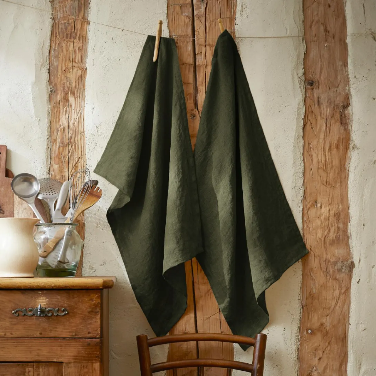 Accessoire Cuisine|EMINZA Lot de 2 essuie-mains lin lavé (50 x 70 cm) Louise Vert romarin