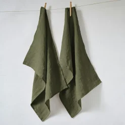 Accessoire Cuisine|EMINZA Lot de 2 essuie-mains lin lavé (50 x 70 cm) Louise Vert romarin