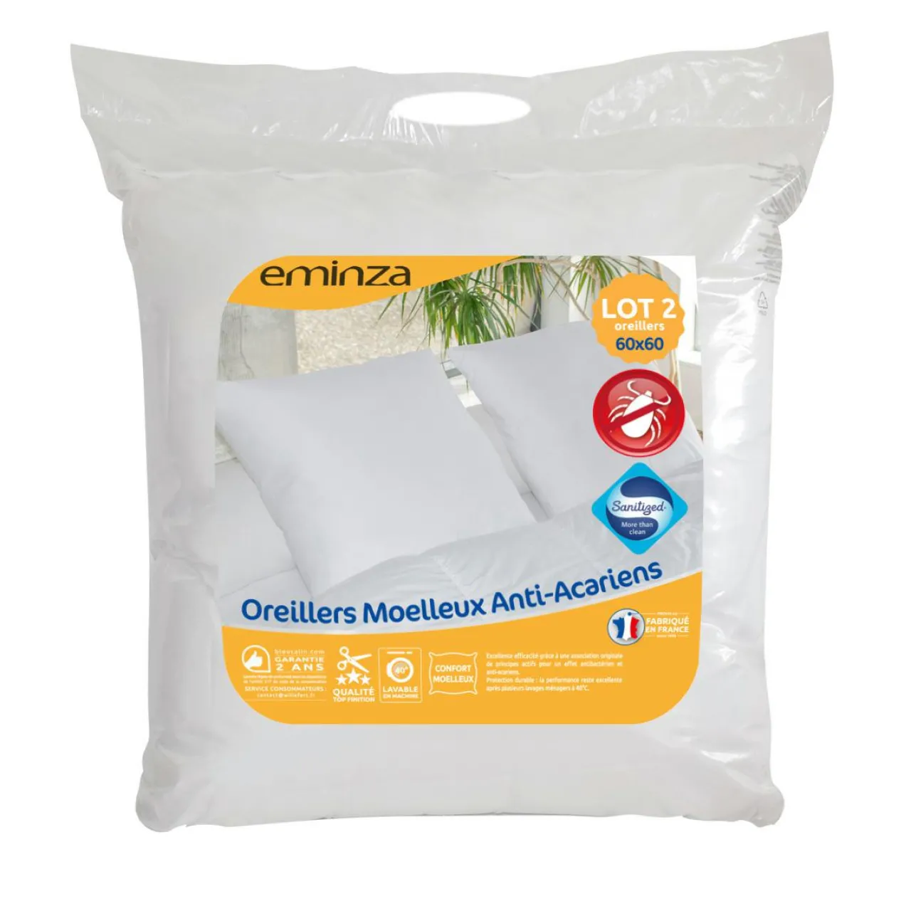 Couette, Oreiller, Traversin|EMINZA Lot de 2 oreillers carrés (60 x 60 cm) Moelleux Anti-acariens Blanc