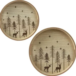 Vaisselle De Noël|Déco De Table|KAEMINGK Lot de 2 plateaux ronds en (D34-D29 cm) Sapins de Noël Bois