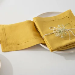 Serviette De Table|ATMOSPHERA Lot de 4 serviettes coton (40 x 40 cm) Chambray Ocre Jaune ocre