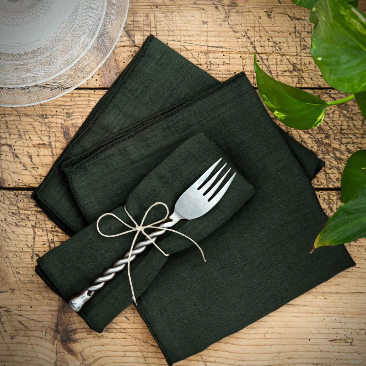 Serviette De Table|EMINZA Lot de 3 serviettes de table gaze de coton (40 x 40 cm) Gaïa Vert sapin