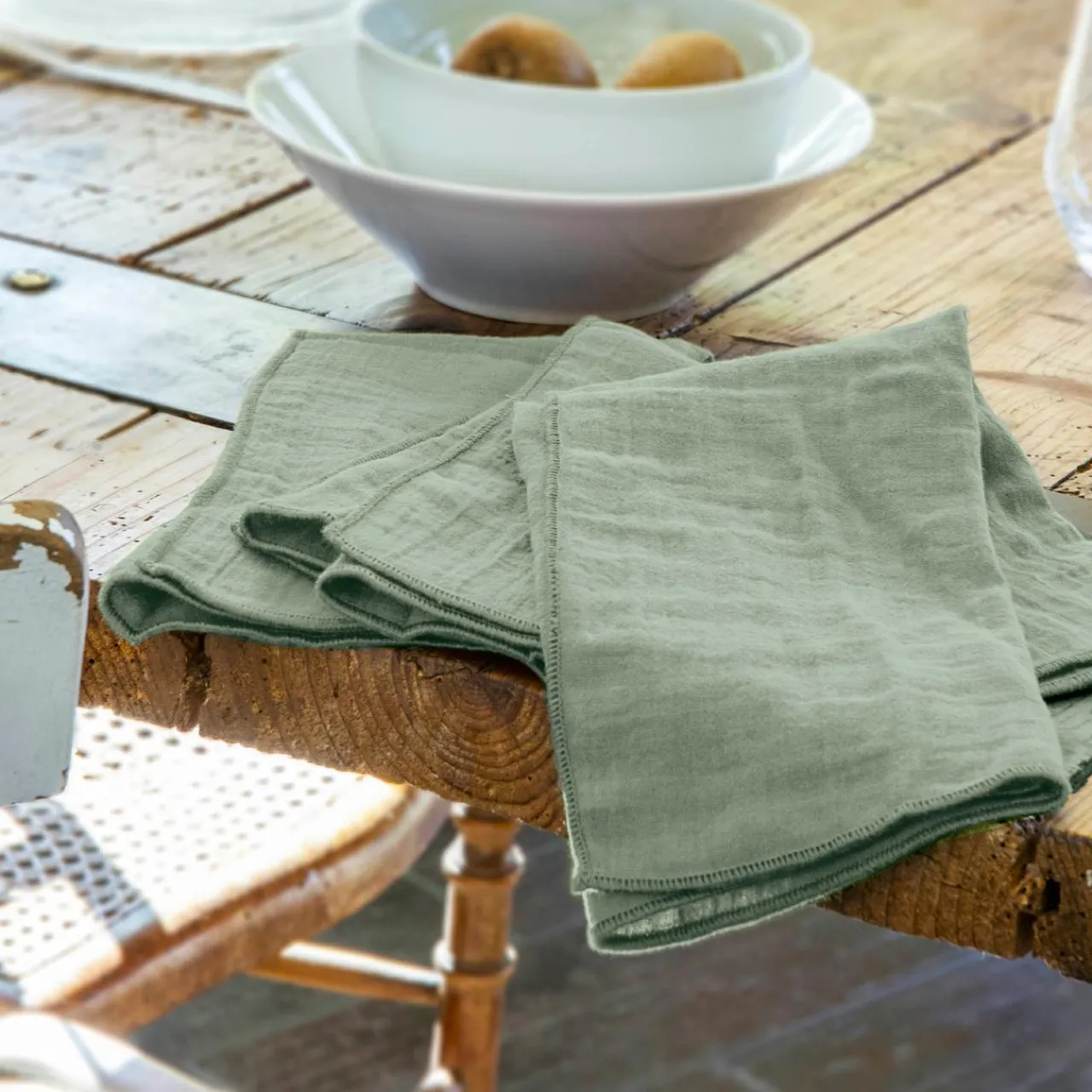 Serviette De Table|EMINZA Lot de 3 serviettes gaze de coton (40 x 40 cm) Gaïa Vert Eucalyptus