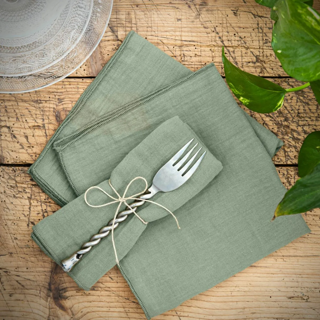 Serviette De Table|EMINZA Lot de 3 serviettes gaze de coton (40 x 40 cm) Gaïa Vert Eucalyptus