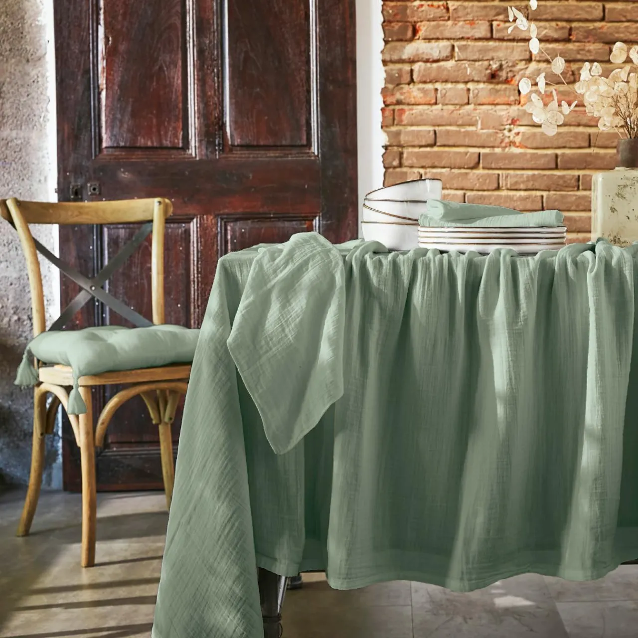 Serviette De Table|EMINZA Lot de 3 serviettes gaze de coton (40 x 40 cm) Gaïa Vert Eucalyptus