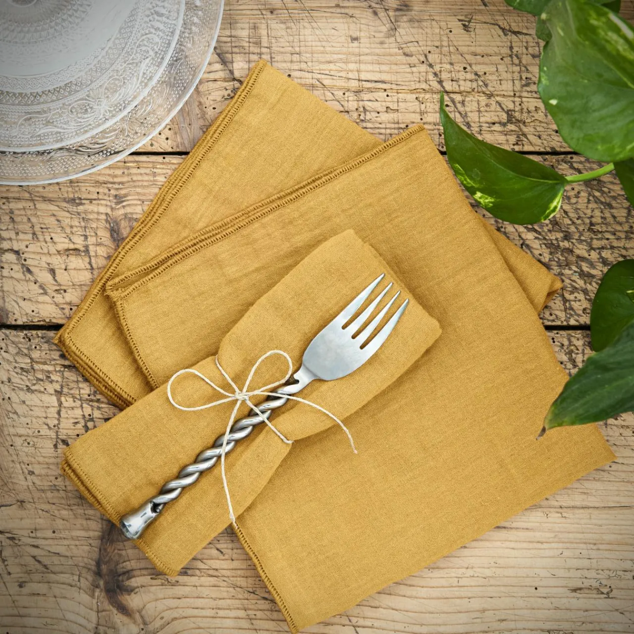 Serviette De Table|EMINZA Lot de 3 serviettes gaze de coton (40 x 40 cm) Gaïa Jaune safran