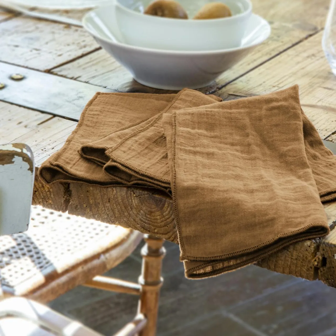 Serviette De Table|EMINZA Lot de 3 serviettes gaze de coton (40 x 40 cm) Gaïa Camel