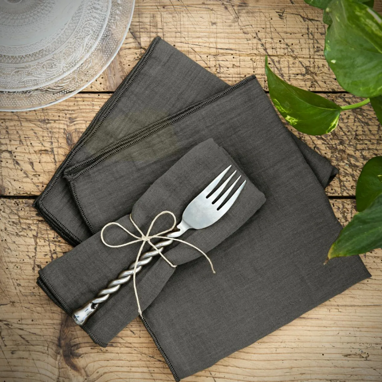 Serviette De Table|EMINZA Lot de 3 serviettes gaze de coton (40 x 40 cm) Gaïa Gris granit Gris foncé