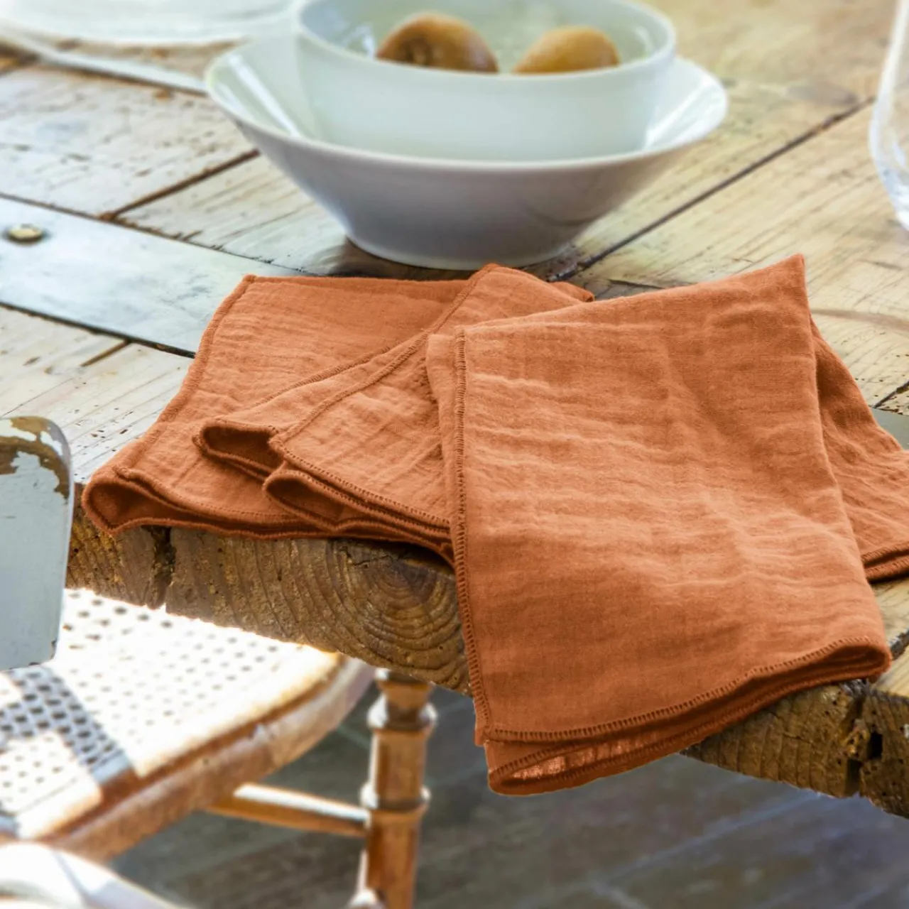 Serviette De Table|EMINZA Lot de 3 serviettes gaze de coton (40 x 40 cm) Gaïa Abricot