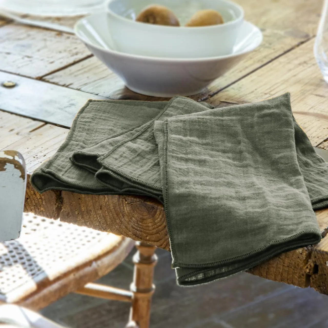 Serviette De Table|EMINZA Lot de 3 serviettes gaze de coton (40 x 40 cm) Gaïa Vert romarin